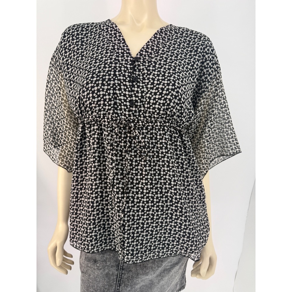 Notations Sheer Kimono Sleeve Blouse Black White Polka Dot Empire Waist Size S